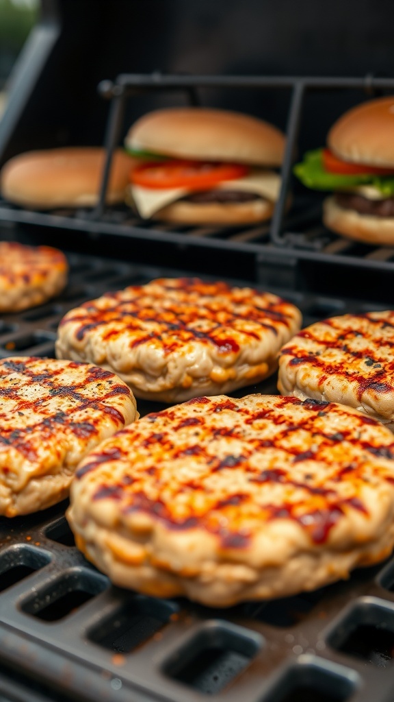 Perfectly Seasoned Burger Patties Recipe Grilled burger patties on a barbecue grill with spices, ready for assembling with buns and toppings.